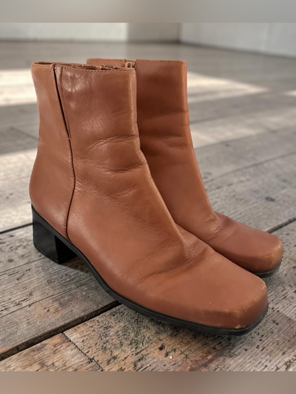 Vintage Madeline Cognac Leather Block Heel Ankle Boots